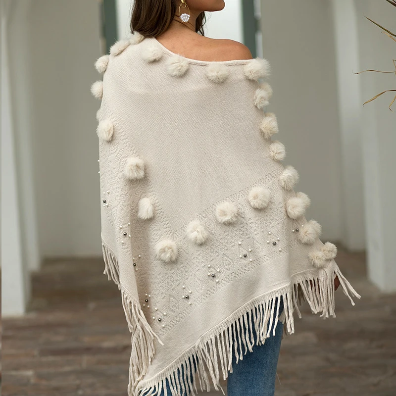 Billige Mantel schal O neck Pullover gestrickte pullover frauen 2019 Casual streetwear Schal fransen mantel haar ball perlen pullover frauen
