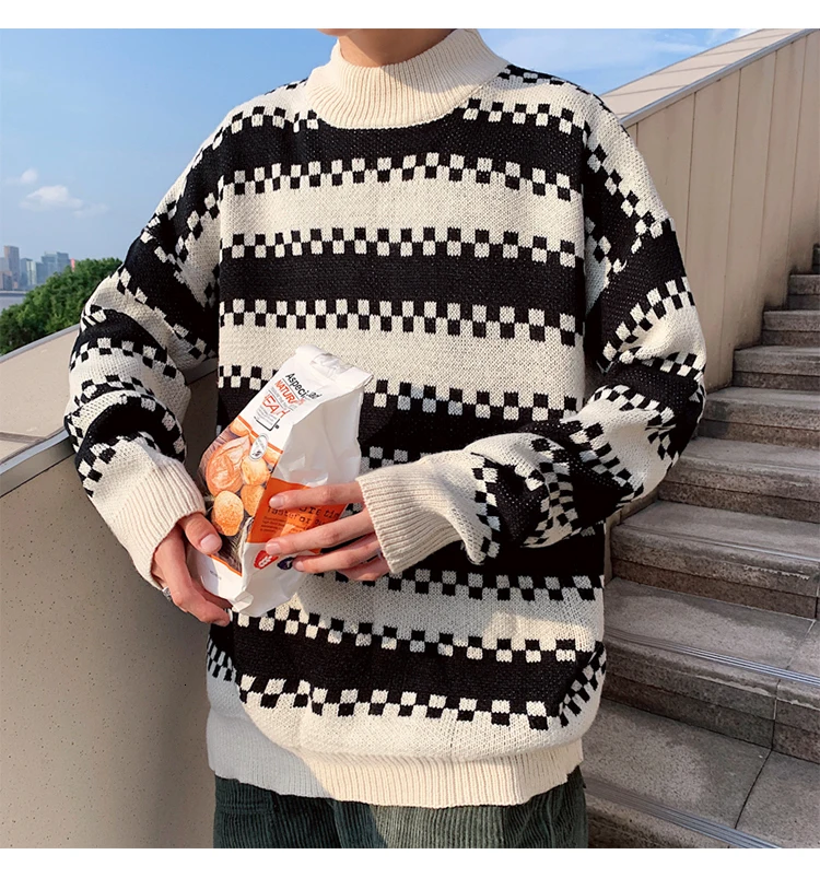 Winter Sweater Men Warm Fashion Contrast Color Casual Knit Sweater Man Sweter Clothes Loose Long-sleeved Pullover Male Clothes