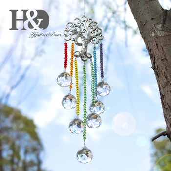 

H&D Crystal Suncatcher Tree of Life Chakra Color Beads Prism Balls Rainbow Maker Window Hanging Home Garden Chandelier Ornament