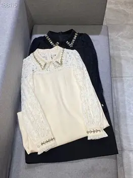 

High Quality 2020 Autumn Runway Mini Dress Women Turn down Collar Long Sleeves Lace Embroidered Beading Dress