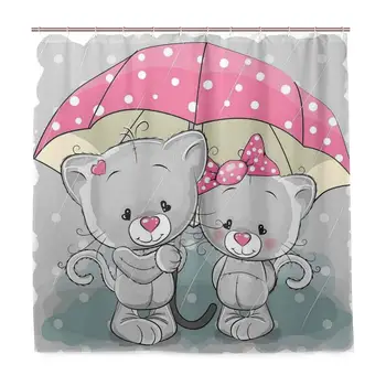 

Shower Curtain, Partner Kittens with Umbrella Under Rain Cute Couple Love Romance Artsy Customized Bathroom Shower Curtain Set