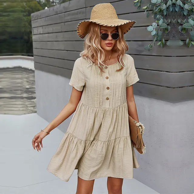 Spring New Solid Short Dress Women 2021 Casual O Neck Button Summer Dress Ladies Loose Short Sleeve A Line Dresses 4