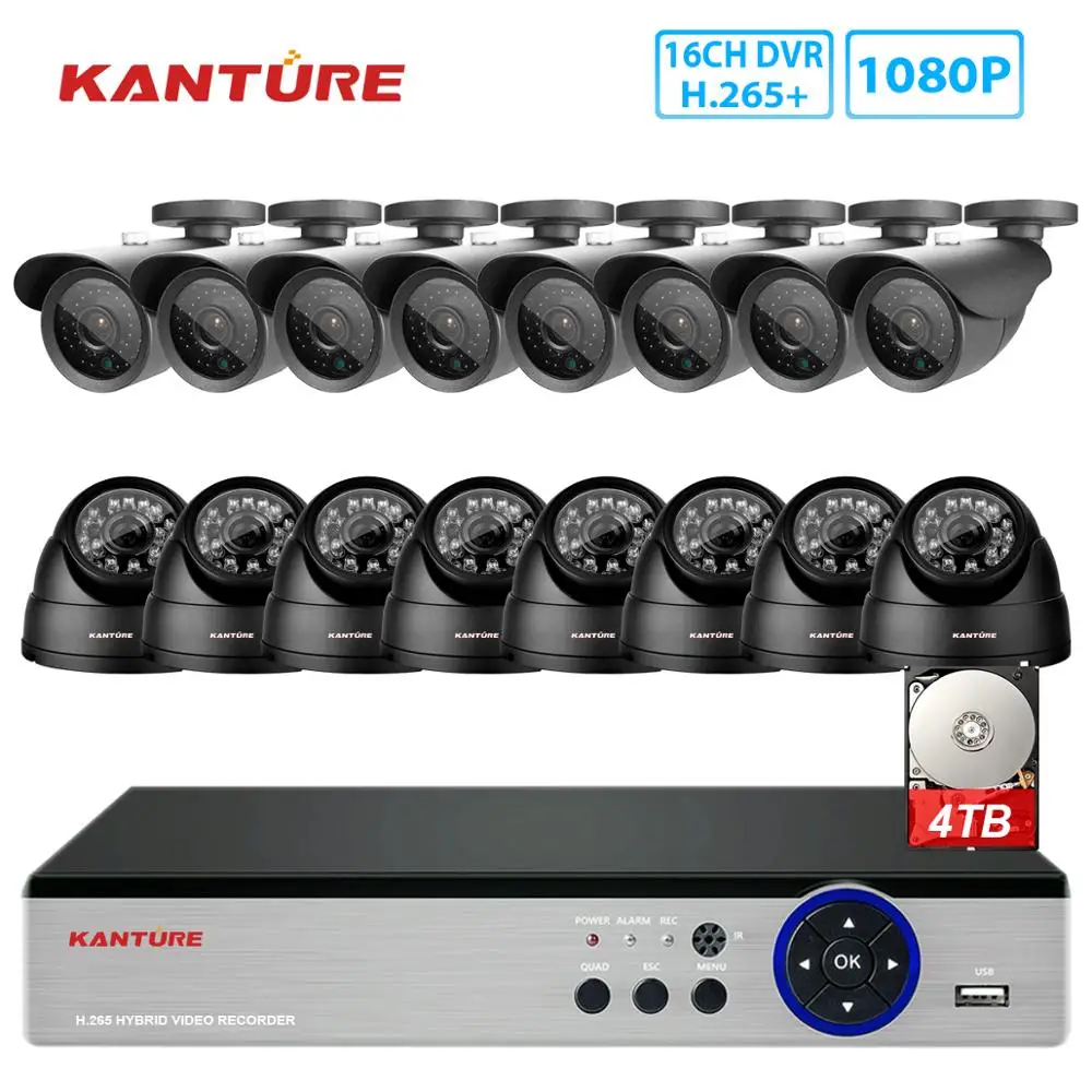 Водонепроницаемый комплект камер видеонаблюдения KANTURE h.265 + 16CH AHD H 1080P DVR Kit CVI TVI HD 2MP