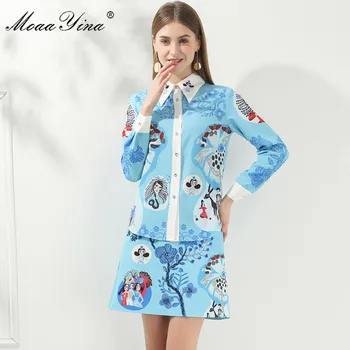 

MoaaYina Fashion Designer Set Spring Summer Women Long sleeve Farm life Print Shirt Tops+Beaded Diamond Skirt Two-piece set