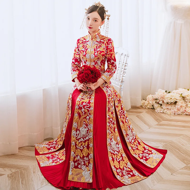 

Summer Flower Phoenix Embroidery Marry Clothes High Quality Cheongsam Chinese Traditional Bride Wedding Dress Qipao