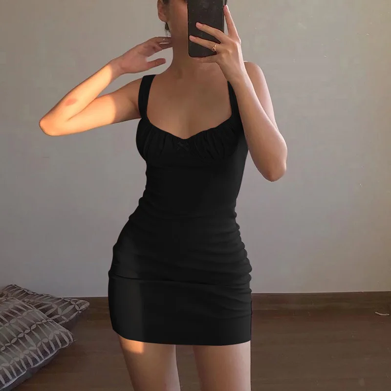 Sexy Skinny Package Hip Skirt Bow Low Cut Slim Dress 2020 Women Summer Solid Color Fashion Sleeveless Backless Dresses Party | Женская