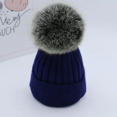Fox fur navy blue Повседневные толстые вязаные шапочки skullies для женщин и мальчиков; Новинка; детская вязаная шапка в полоску с помпонами из натурального меха для девочек; шапка gorros - Цвет: Fox fur navy blue