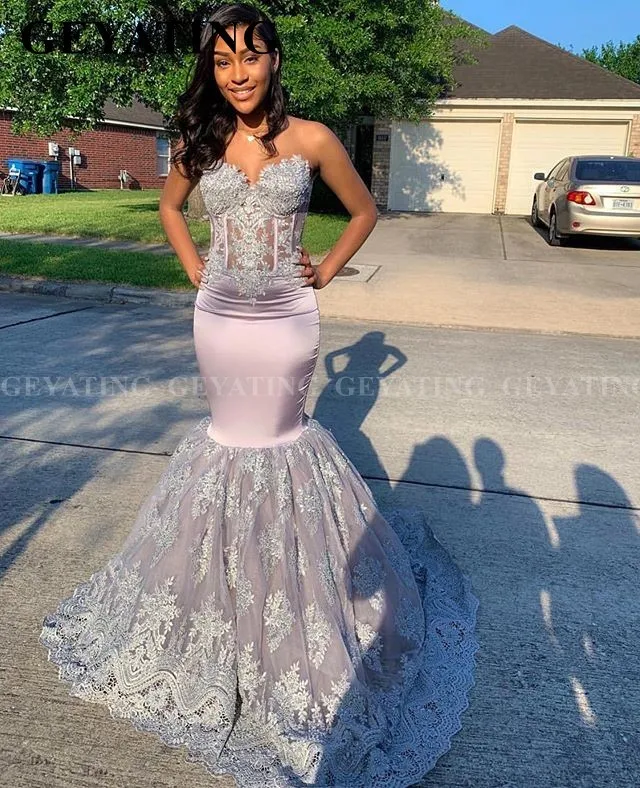 Винтажное кружевное серебристо-серое платье русалки для выпускного вечера, Черное длинное выпускное платье для девочек размера плюс, торжественное платье в африканском стиле, элегантное