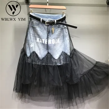 

Women Mid Long Denim Skirt Fashion Mesh splice High waist Hole Skirts Female Streetwear irregular A-Line Jeans Skirts Women 2020