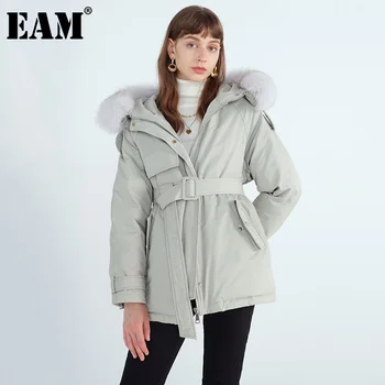 

[EAM] Big Size Bandage Green Down Jacket New Fur Hooded Long Sleeve Warm Women Parkas Fashion Tide Autumn Winter 2020 1DD1370