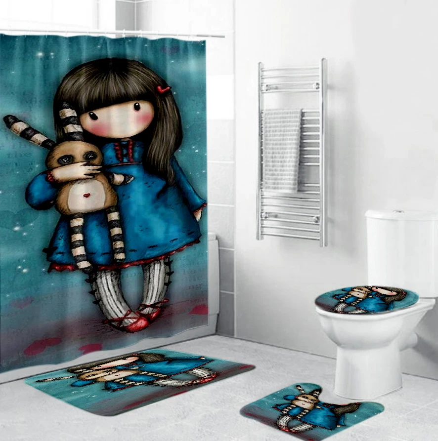Cortina de ducha 3D con dibujos de Santoro cubierta labios de inodoro, alfombra en forma de U, decoración del hogar, juegos de juegos de cortina de ducha|Cortinas de