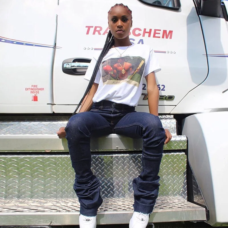 Ruched Denim Blue High Wait Stacked 