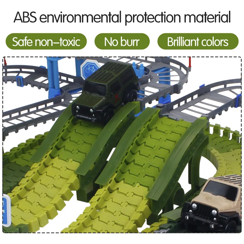 Goedkoop Militaire Play Set Railway Magical Racing Track Bocht Flexibele Gloeiende Ras Leger Flash Spoor Auto DIY Educatief Speelgoed Voor Kinderen
