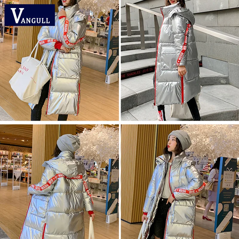 Vangull, женский пуховик, серебристый, глянцевый, с хлопковой подкладкой, зимняя женская куртка, модная, с большим карманом, длинная, для женщин, с капюшоном, парки