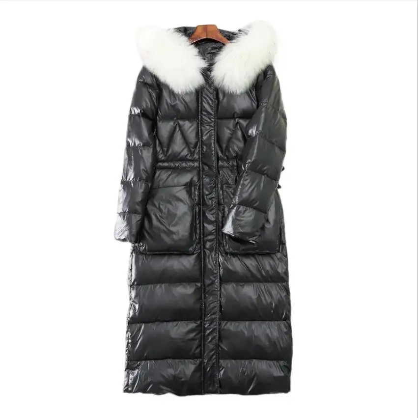 black Подходит для-30 ℃, зимнее, очень теплое, длинное, толстое, пушистое пальто на утином пуху, женский, большой, натуральный мех, с капюшоном, толстая, теплая, пуховая парка, F749 - Цвет: black