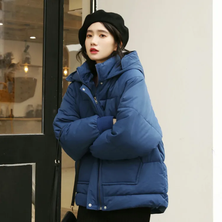 

2018 Winter Korean-style Simple Solid Color Hooded Fold-down Collar Loose Bat Sleeve down Coat Thick Cotton Overcoat