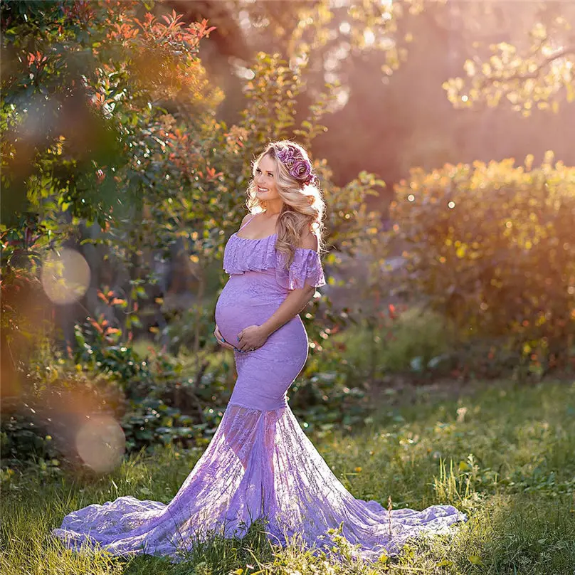 2019 New Women Pregnants Sexy Dress Photography Props Short Sleeve Maternity Solid Lace Long Dress Vestidos 4S18 (6)