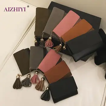 

Lady Elegant Tassel Coin Purse Women Splicing Pure Color Leather Wallet Female Casual Simple Card Holder