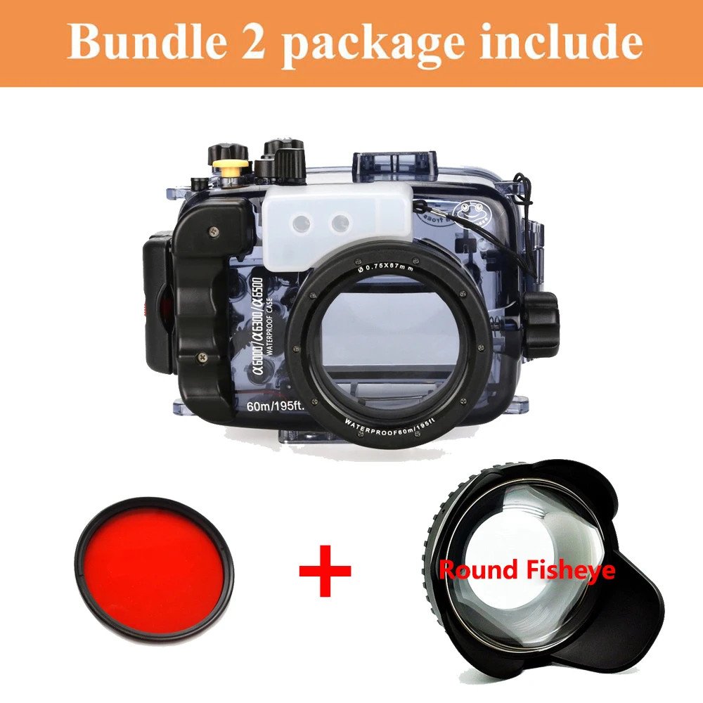 w/Fisheye Lens Dome Port and Full Color Red Filter Kit Waterproof Protective Diving case for Sony A6500 A6300 A6000 SeaFrogs Underwater Camera Housing Case 60m/195ft 
