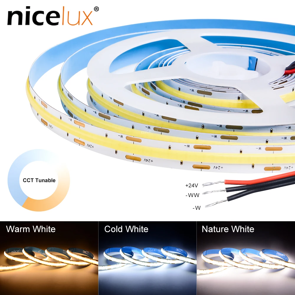 

Светодиодная лента CCT COB dc24в, световая полоса 576 чипов/м, гибкая лента высокой плотности, COB 10 мм RA80 с белым линейным регулируемым светом 3000K-6000K
