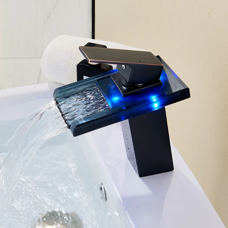 LED Light Basin Faucet Waterfall Deck Mounted Single Handle Mixer Tap