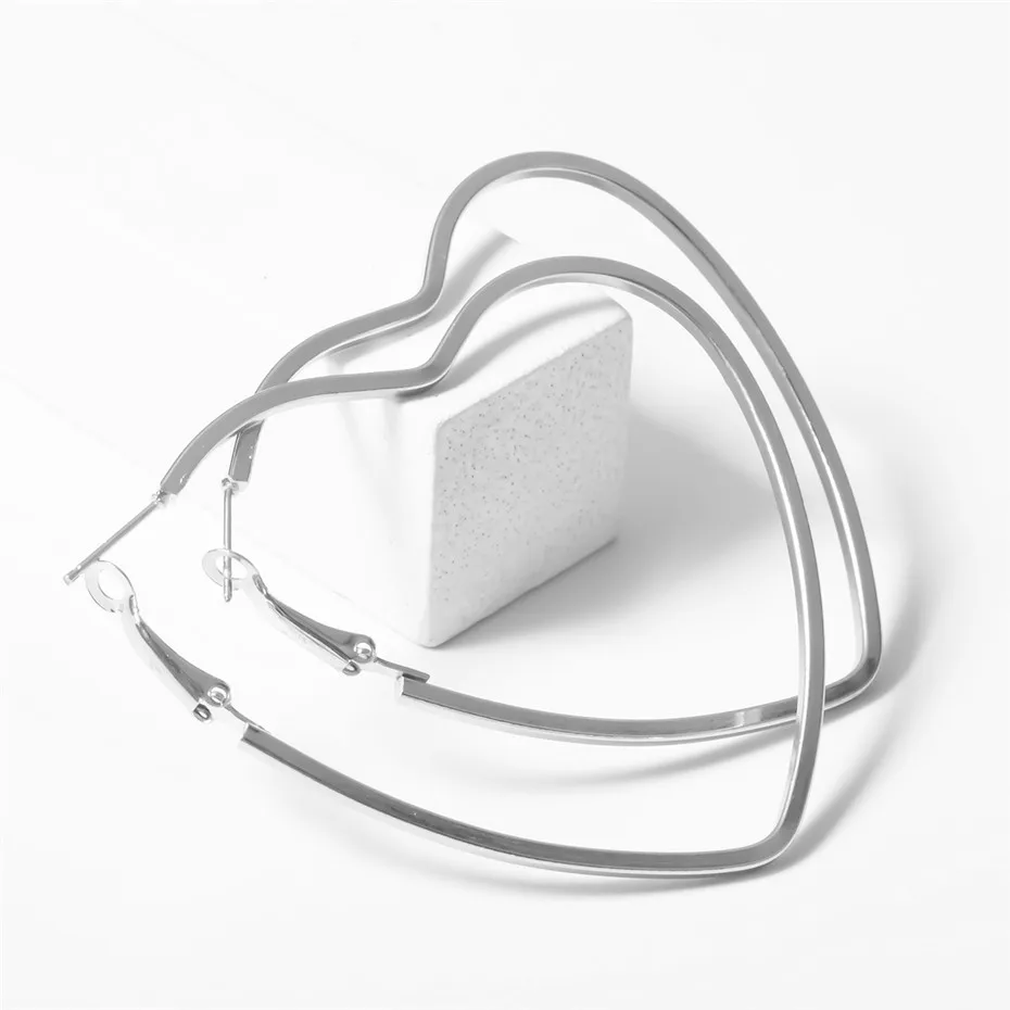 Silver Color Корейский серебряный обруч в виде сердца, серьги для женщин, модные темпераментные большие полые железные круглые красивые серьги, свадебные ювелирные изделия - Окраска металла: Silver Color