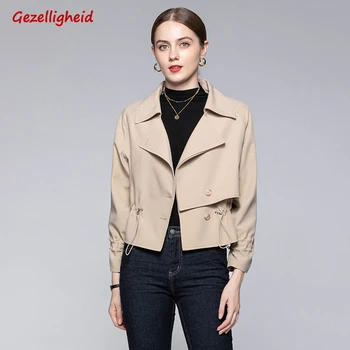 

Gezelligheid 2020 Winter New Slim Short Simple Style Lapel Single Row Two Button Solid Color Drawstring Waist Windbreaker Women