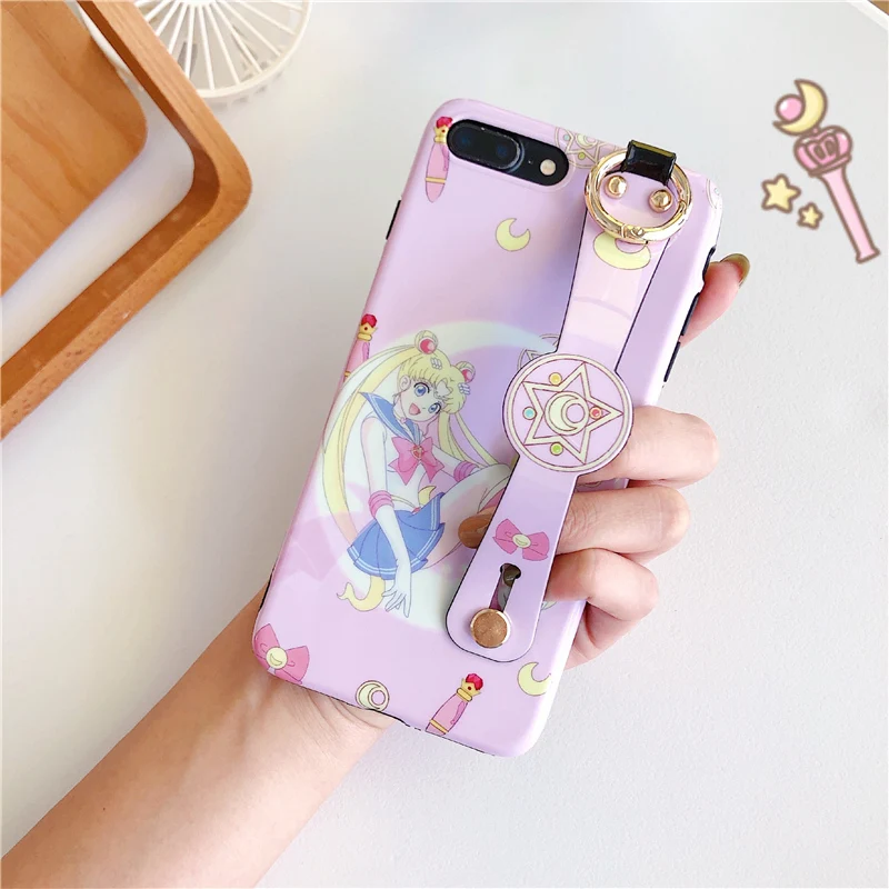 

Pink Sailor Moon girls wrist strap case phone for iphone 7plus 7 6 6s 8 plus xr xs max silicone soft holder cover glossy coque