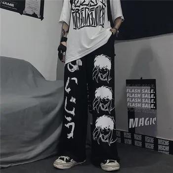 HOUZHOU w japońskim stylu Harajuku nadruk Anime spodnie szerokie nogawki damskie Hippie Streetwear czarne spodnie dresowe w stylu koreańskim tanie i dobre opinie Szerokie spodnie POLIESTER LOOSE Pełna długość PATTERN CN (pochodzenie) Na wiosnę jesień HIGH CKL0202 Znak Na co dzień