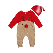 2 шт. для новорожденных, для маленьких мальчиков и девочек Рождественские боди одежда для сна с длинными рукавами и принтом оленей комбинезон шапка пижамы вечерние костюм, одежда для детей