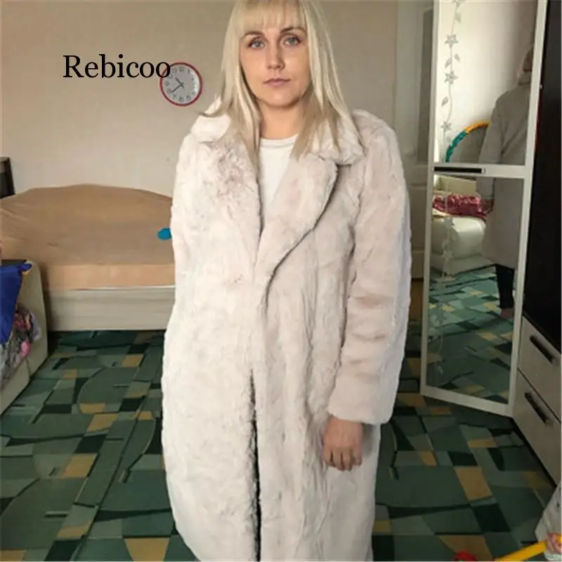 Зимнее женское длинное пальто из искусственного кроличьего меха, Свободное пальто с отворотом, толстое теплое женское роскошное плюшевое пальто больших размеров, парка - Цвет: creamy white