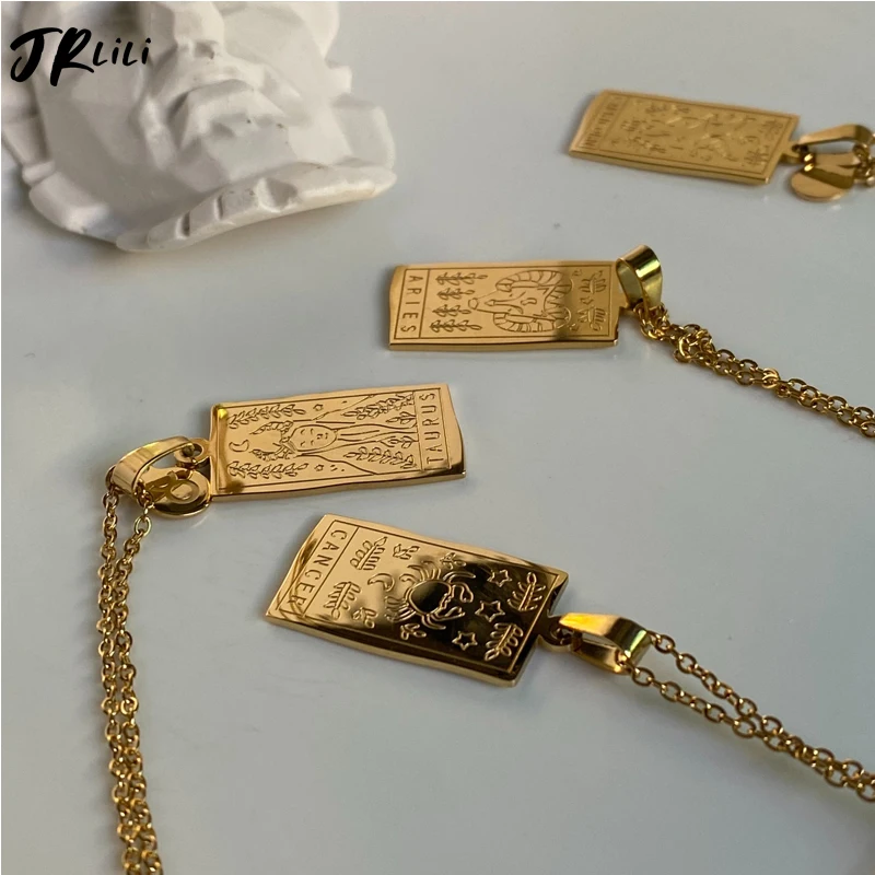 Vintage Zodiac Necklace For Women Gold Stainless Steel Constellation Aquarius Pisces Leo Chain Choker Necklace Goth Jewelry Gift