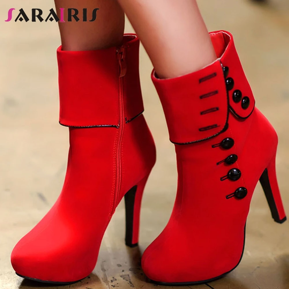 

SARAIRIS High Heels Ankle Boots Woman Flock Platform Button Decoration Shoes Ladies Thin High Heels Ankle Boots Size 35-43
