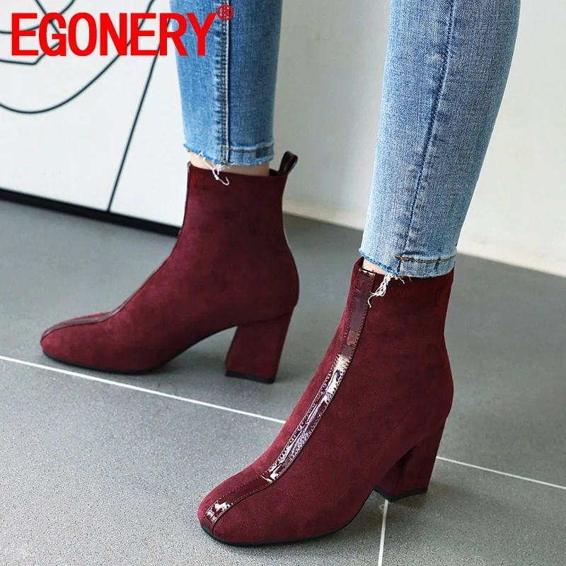 

EGONERY 2019 winter newest concise ankle boots outside high heels square toe slip-on flock women shoes drop shipping size 33-45