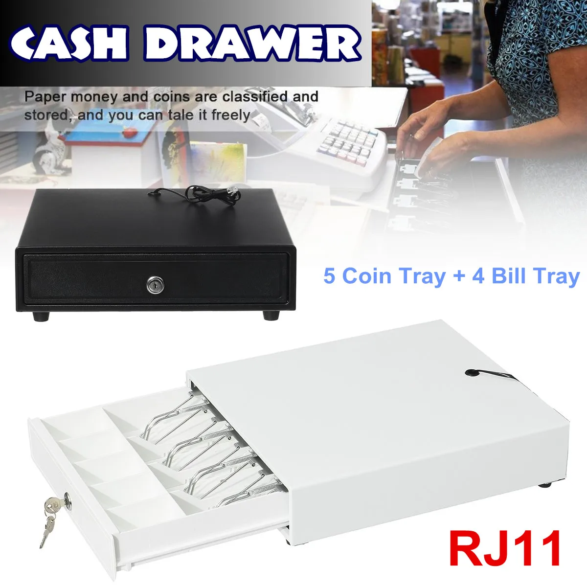 

Heavy Cash Drawer Box With 5 Coin Tray 4 Bill Tray RJ11 Key Three-gear Lock White/Black Removable Cash Drawer For Supermarket