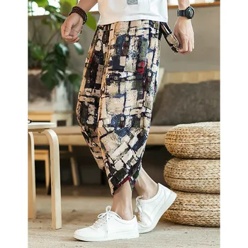 

Mens Cotton Linen Pants Male Summer Casual Ankle-Length Pants Man 2019 Pattern Print Baggy Loose Trousers Hip Hop Streetwear