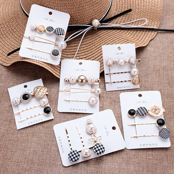 

3Pcs/set Girls Party Hair Accessories Houndstooth Button Imitiation Pearl Hair Clips Metal Heart Star Crystal Hairpin Barrette