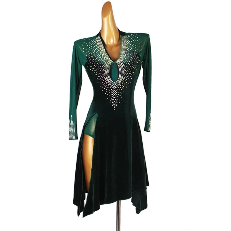 

Latin Dress Dance Competition Performance Stage Costume Ballroom Pratice Wear Velvet Slit Rhinestones Nightclub Outfits