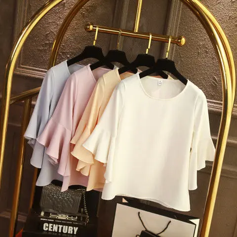 Women Blouse Spring and Summer Korean Fashion Round Neck Loose Joker Chiffon Shirt Top Women Ruffle Sleeve Baby Shirt Summer