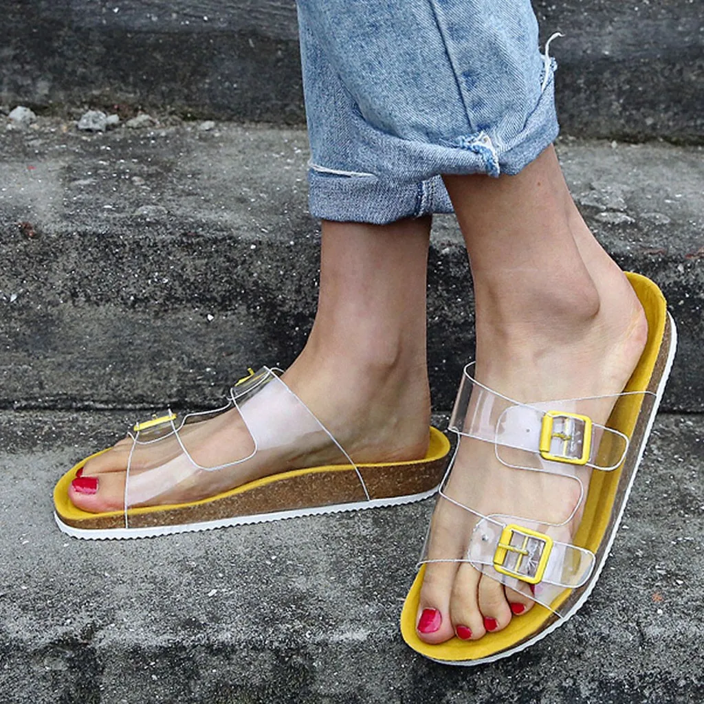 

2020 Women's Transparent Sandal Luxury Clear Flats Shoes Summer Casual Slides Mules Red Ladies Double Strap Sandalia Rasteirinha