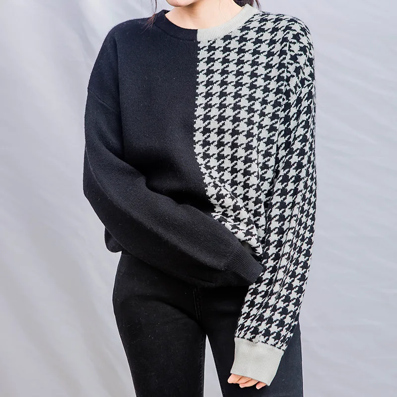 

Shanghai New Europe Sang 2020 Fashionable Contrast Color Thousands of Birds Knitted Sweater