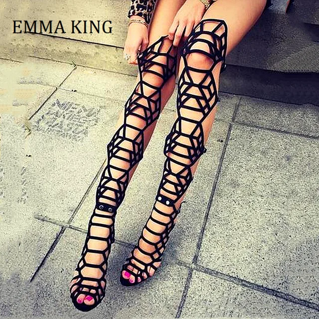 2021 Summer Women Over The Knee Gladiator Boots Sexy Open Toe Stiletto Heels Cut Out Gladiator Sandals Black Straps Sandal Boots Boots - AliExpress