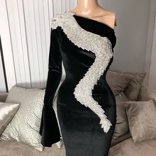 Черное короткое платье для выпускного вечера с одним рукавом серебряное вышитое бисером ручной работы Африканские девушки прямые мини-Выпускные платья