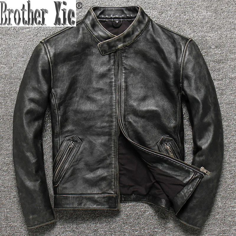 

Vintage Genuine Leather Jacket Men Short Spring Autumn Mens Real Cow Leather Jacket Stand Collar Motorcycle Cowhide Slim