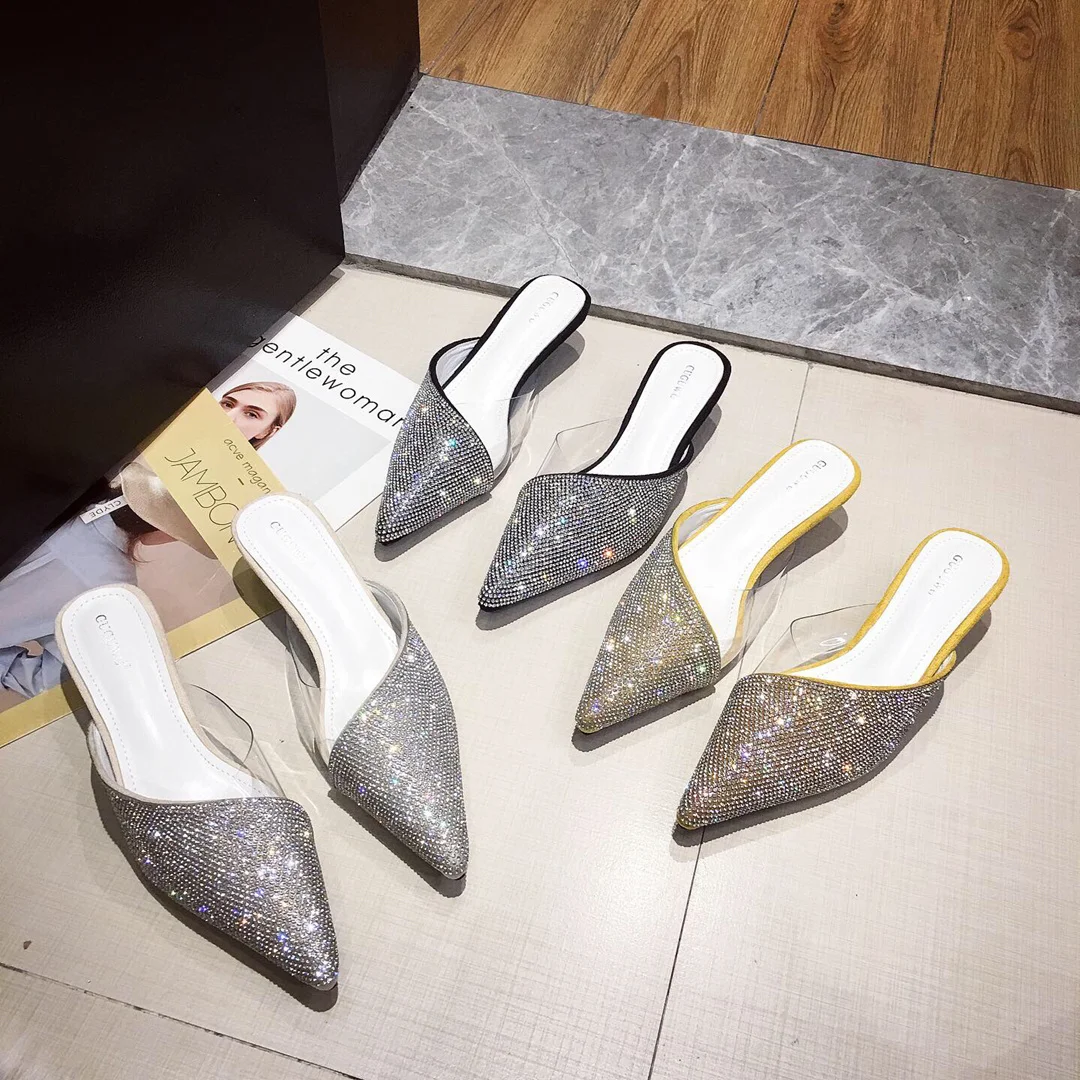 

Pointed Toe Slippers Women Crystal Heels Mules PVC Patchwork Slip on Slides Shallow Shoes Sandalias Mujer Black Apricot Yellow
