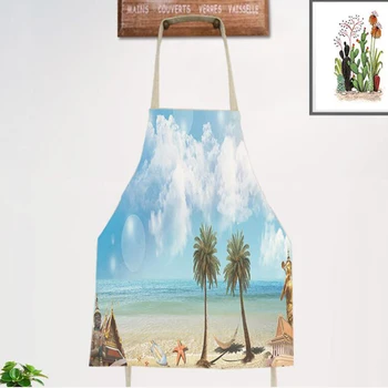 

Seaside Scenery Pattern Household Cotton And Linen Osaka Apron Literary Housework Clothes anti-pollution Housework Apron