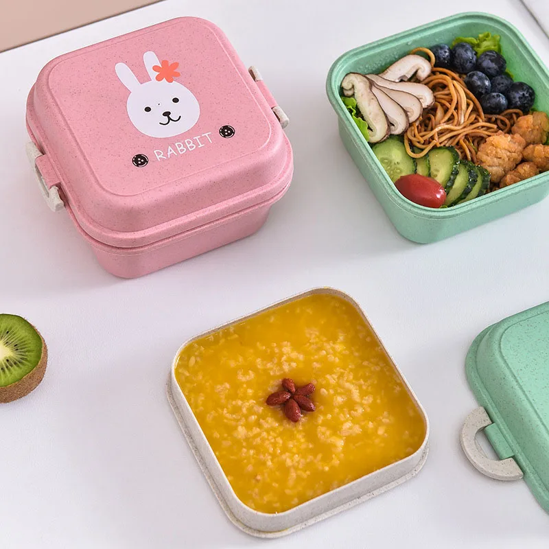 Cute Animal Pattern Plastic Lunch Food Box Children Baby Snack Box Double Layers Lunchbox Portable Microwave Food Container