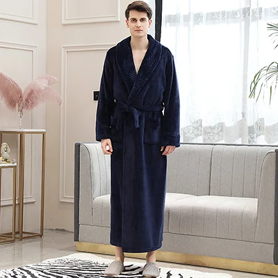 Men Navy Очень длинный, размера плюс, зимний, толстый, теплый, фланелевый, коралловый флис, вафельный, кимоно, халат для мужчин и женщин, роскошный халат, мужской банный Халат - Цвет: Men Navy