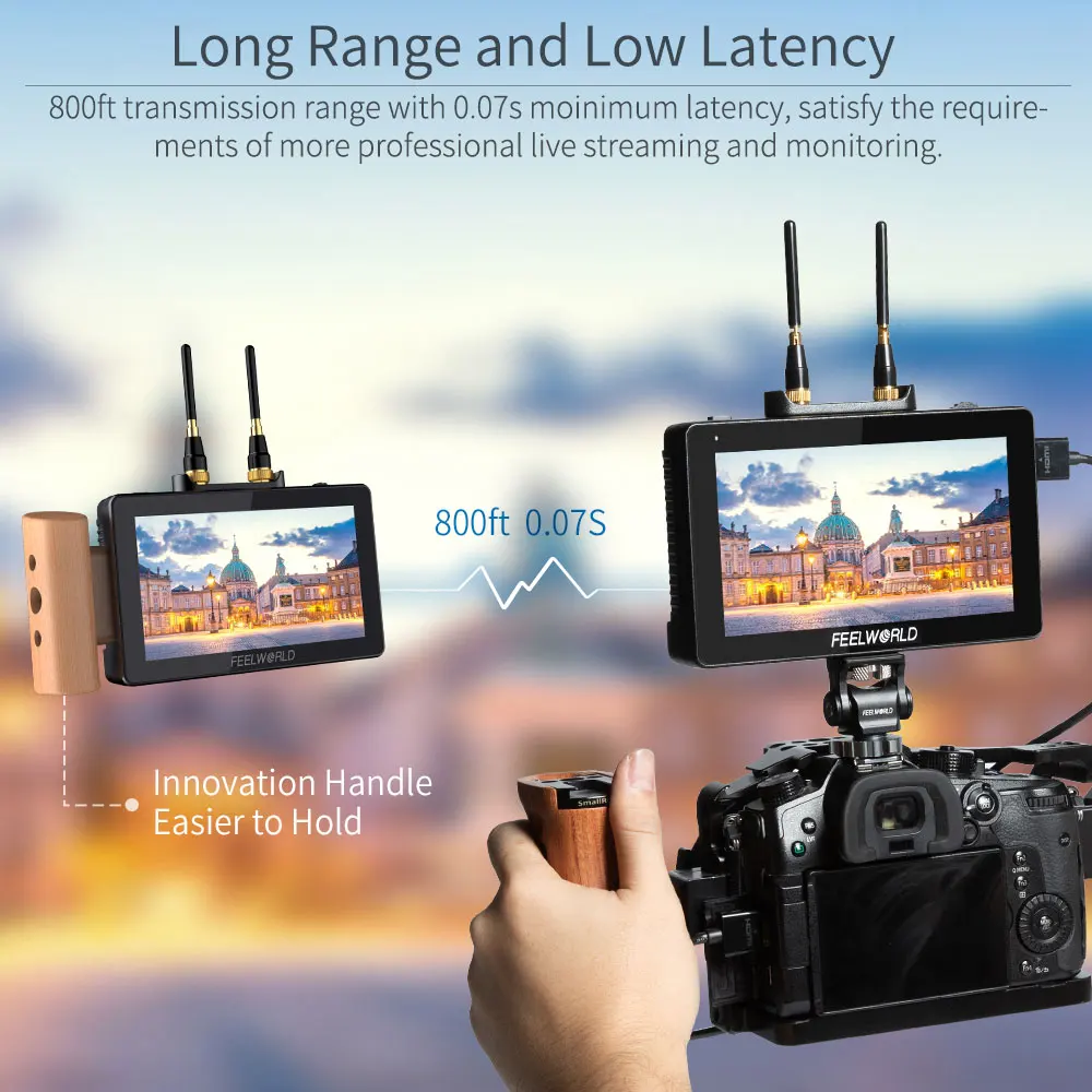 FEELWORLD 5.5 Inch Wireless Video Transmission System with Transmitter Receiver DSLR Camera Field Direct AC DP Monitor FT6 FR6