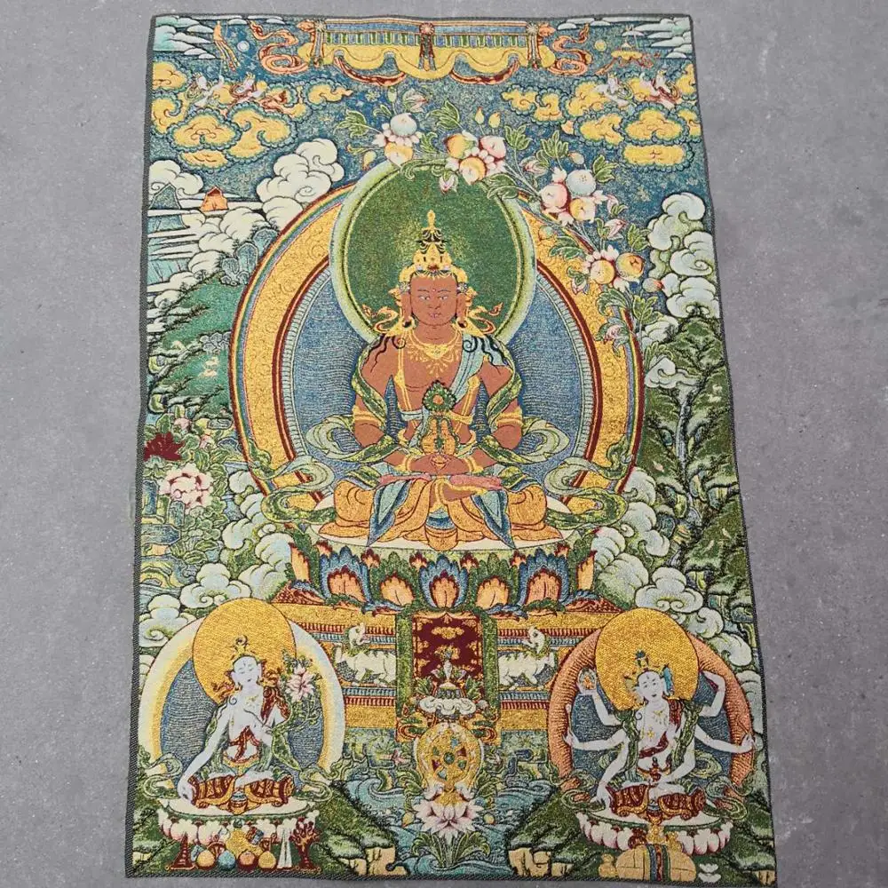 

35"Thangka Embroidery Tibetan Buddhism silk Embroidery brocade Nepal Longevity Buddha Statue Thangkas Wall hanging Worship Hall